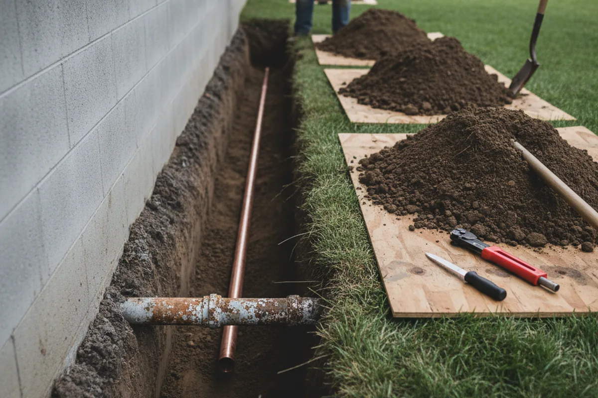 Excavated water line trench during Water Heater Repair in Villa Ridge